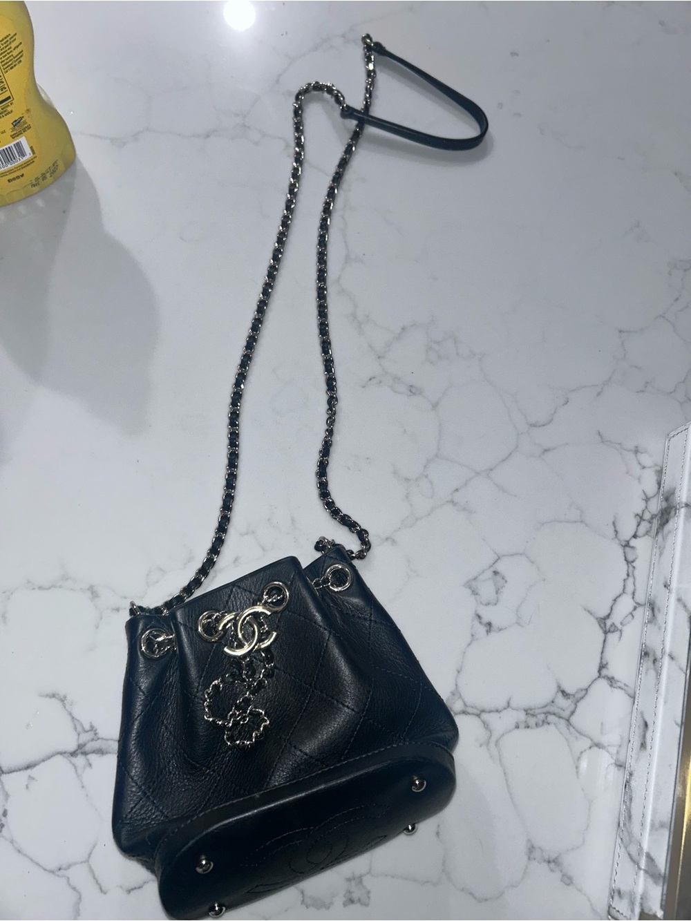 CHANEL Black Quilted Leather Mini Drawstring Bucket Bag with Gold CC - Picture 3 of 4